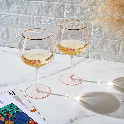 Colored Blush Pink & Gilded Rim Wine Glassware, Large 23oz Cocktail & Champagne Glasses 2-Set Vibrant Color Gold Vintage Stemmed Wine Glass, Gift Idea, Red & White - Perfect Gifts, Gorgeous Gift Box-1
